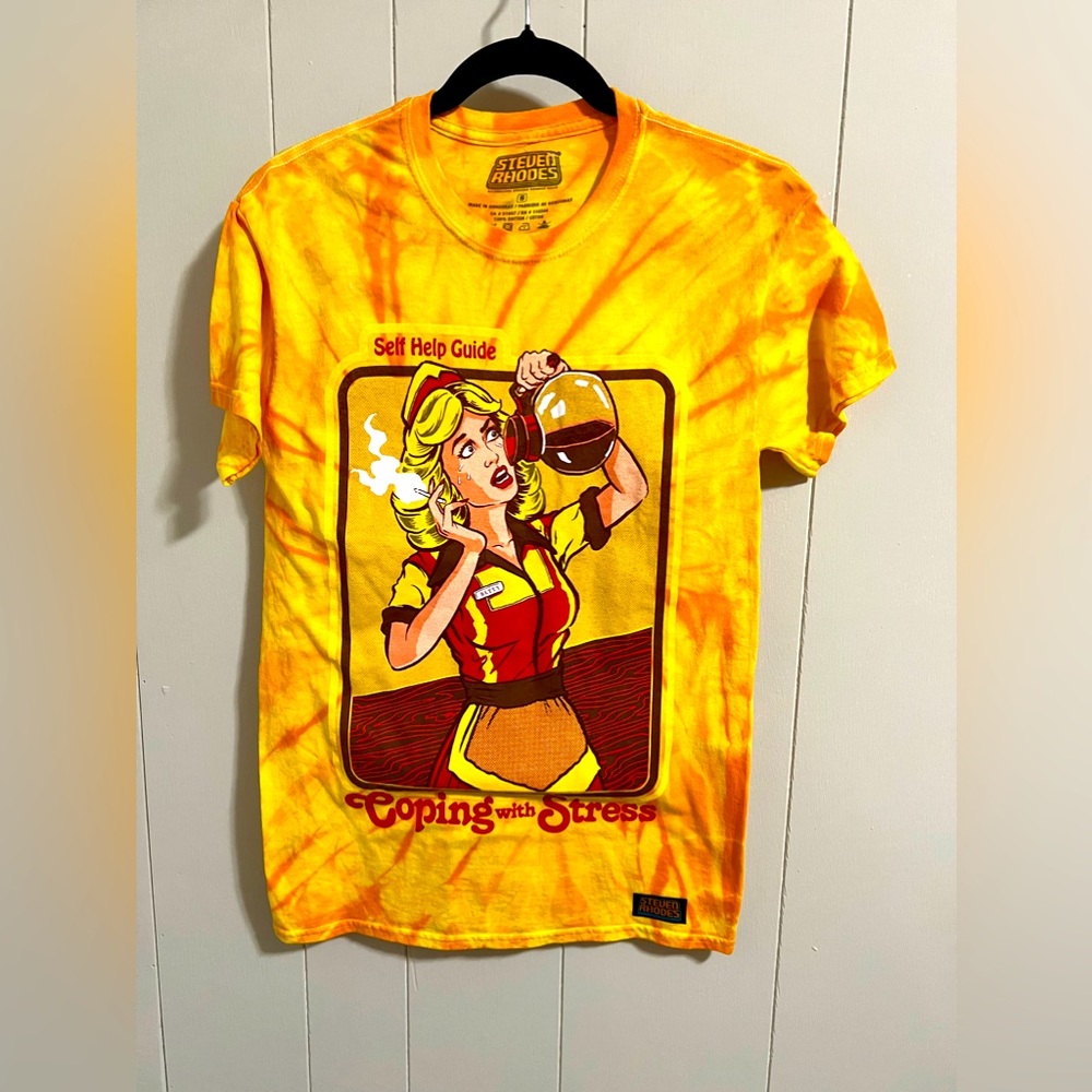 Spencer’s Steven Rhodes coping with stress tye dye yellow top adult size small